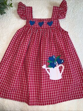 Samara Red Ruffle Sleeves Watering Can Dress 6X Hearts Sundress